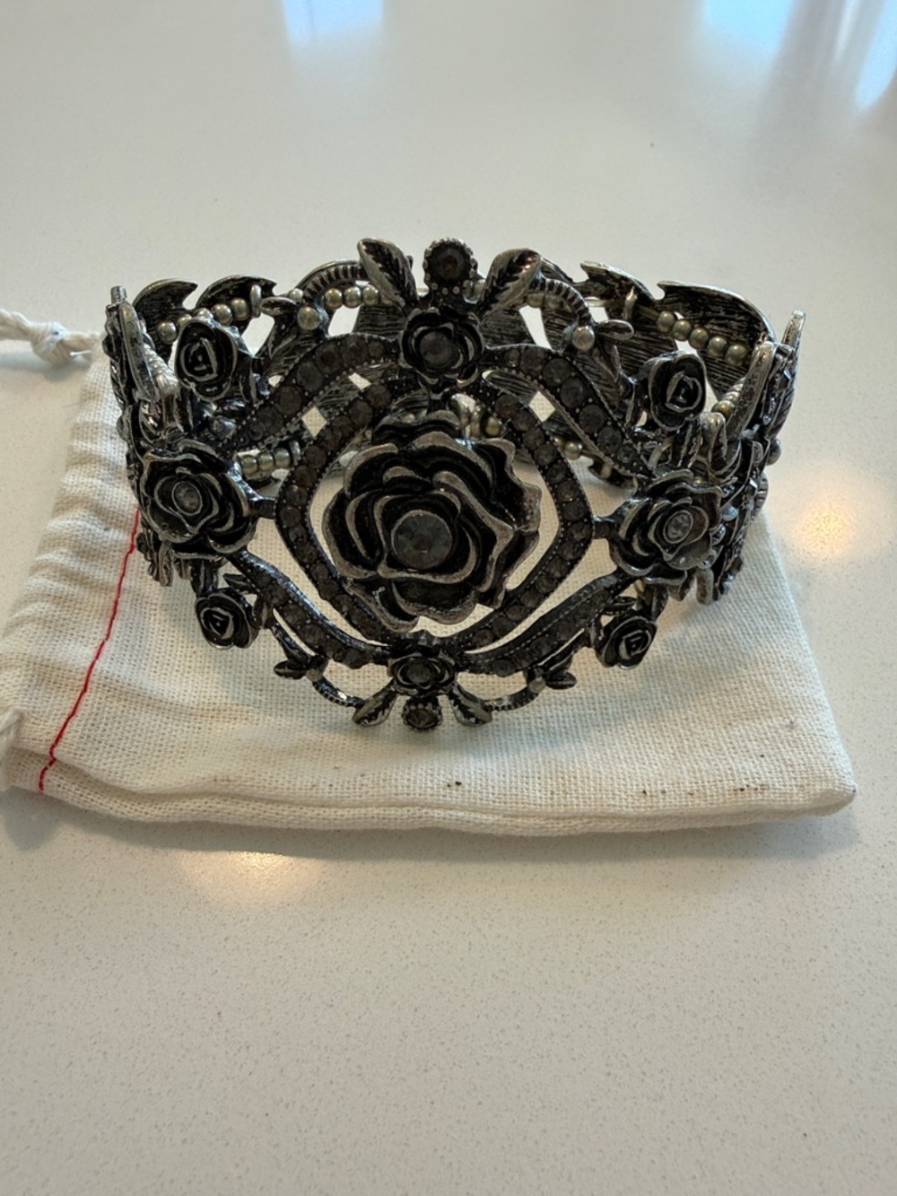 Ornate Floral Metal Cuff Bracelet in Blackened Silver